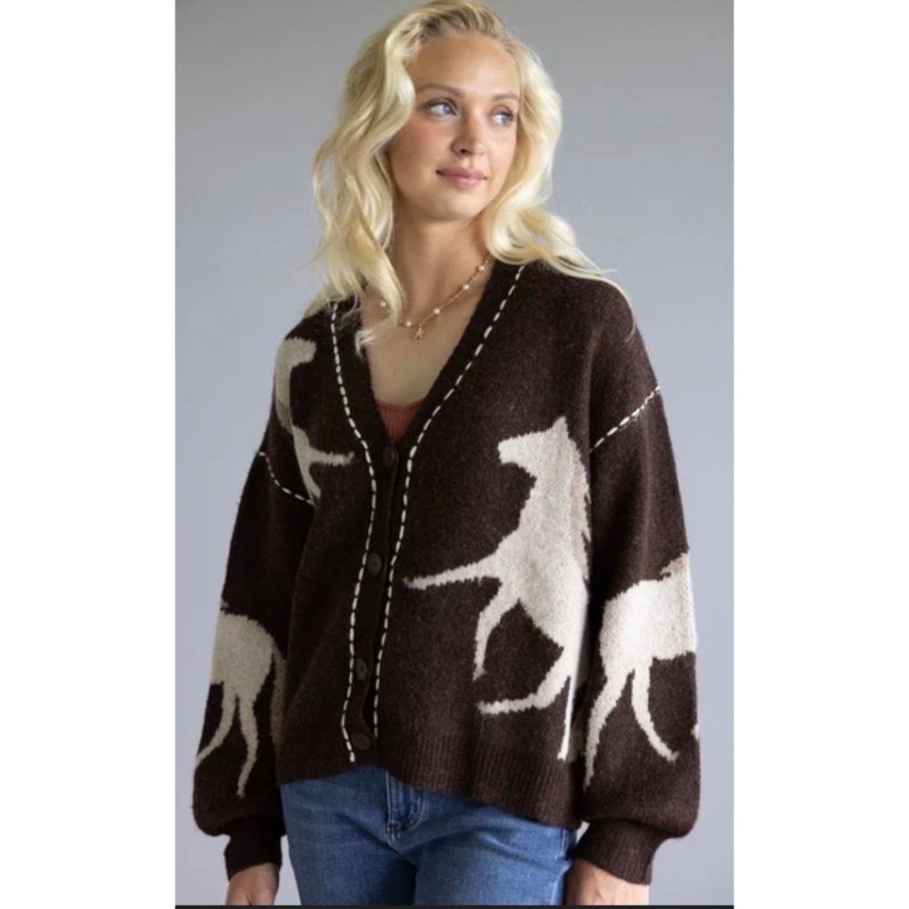 Illa Illa Womens Brown Horse Intarsia Knit Cardigan Sweater Whipstitch S/M - Picture 3 of 7